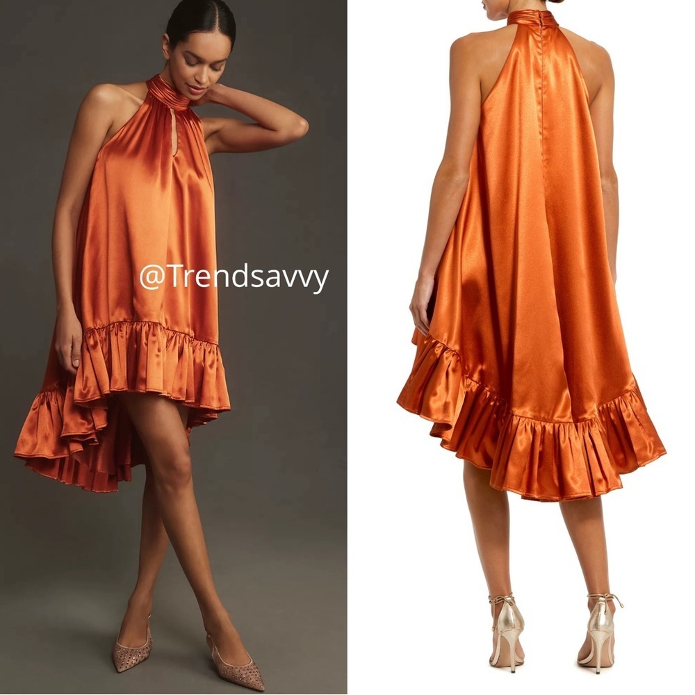 Anthropologie Mac Duggal Orange Halter High Low Ruffle Wedding Guest Party Dress